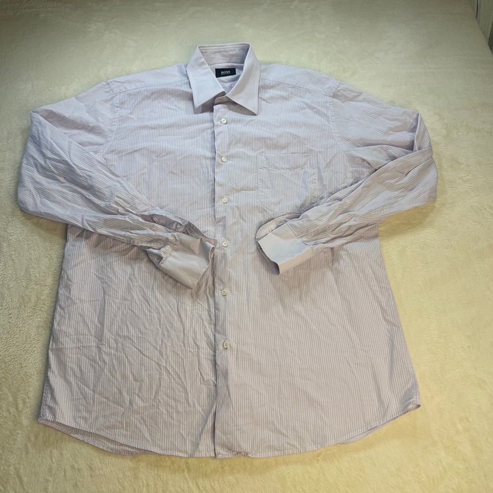 Hugo Boss Mens Striped Button Down Dress Shirt Purple White Cotton Made in Italy